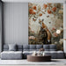 Floral garden wallpaper with fox illustration displayed in a calm, neutral bedroom setting