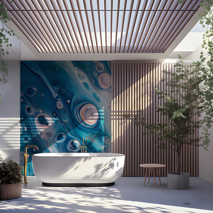 Modern washroom wall covered in blue and peach fluid art wallpaper near a white pedestal sink