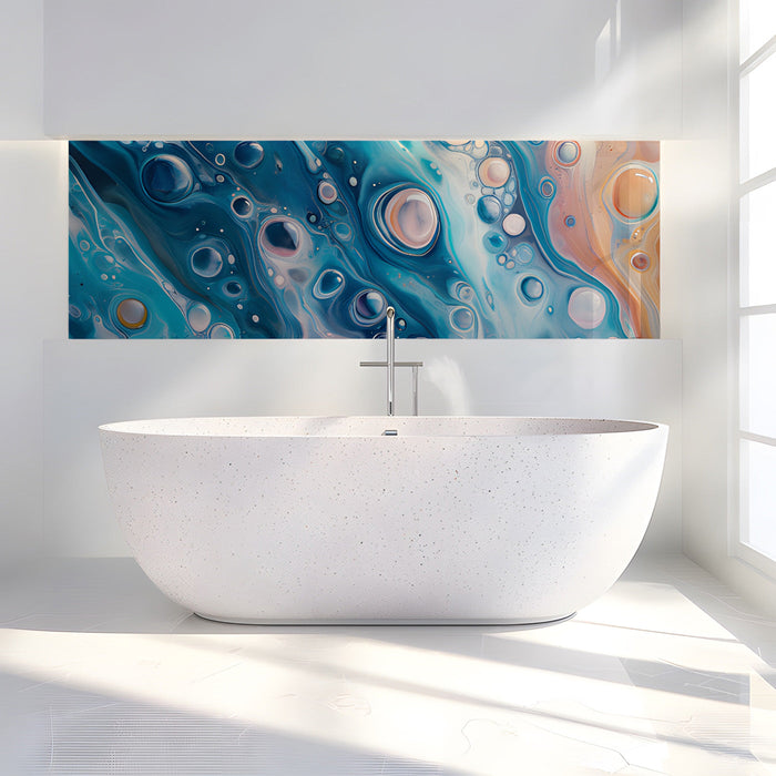 Bathroom feature wall featuring abstract blue liquid art mural behind a grey velvet sofa