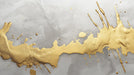 Abstract paint splatter wallpaper with thick metallic gold splashes on a soft charcoal and gray concrete texture background.