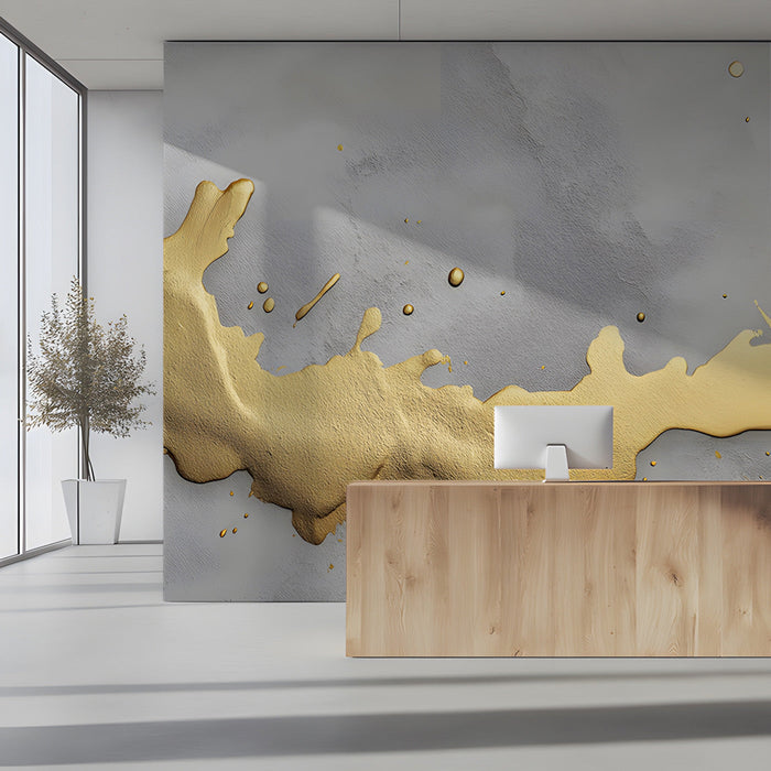 Modern reception interior with a gold paint splatter feature wall behind a velvet sofa.