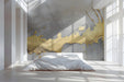 Sophisticated bedroom space featuring artistic gold splatter mural wallpaper above a minimalist desk.