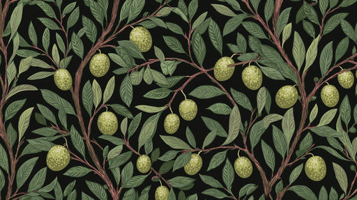 Traditional olive branch pattern with green leaves and ochre fruits on a deep charcoal background