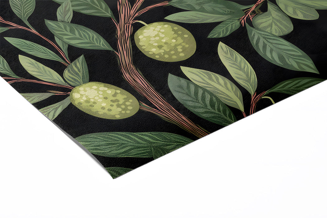 Elegant home office space with dark olive leaf floral mural behind a wooden desk