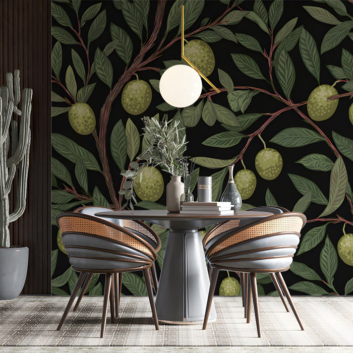 Cozy bedroom interior with botanical branch wallpaper on the feature wall