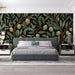 Sophisticated dining room wall featuring moody olive branch botanical wallpaper