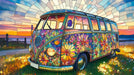 Retro camper van wallpaper with stained glass floral pattern in vibrant orange, purple, and yellow