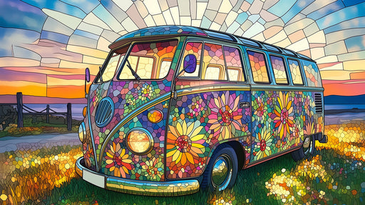 Retro camper van wallpaper with stained glass floral pattern in vibrant orange, purple, and yellow