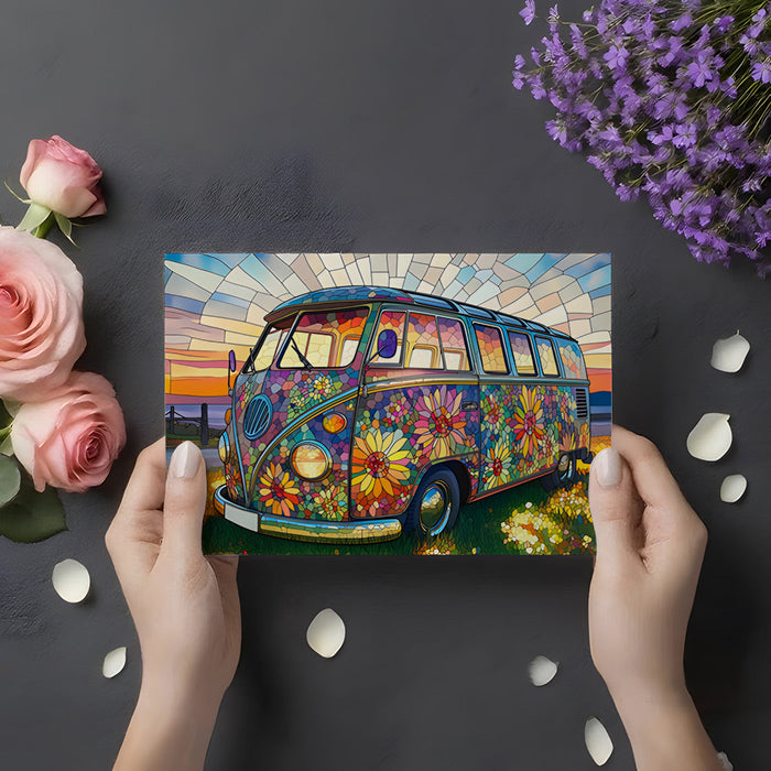 Mosaic camper van wall mural styling in a casual dining room setting