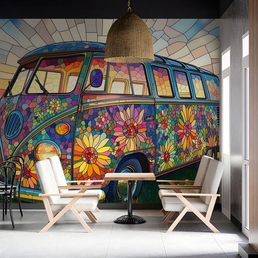 Stained glass van mural installed in a bohemian reataurant with velvet furniture
