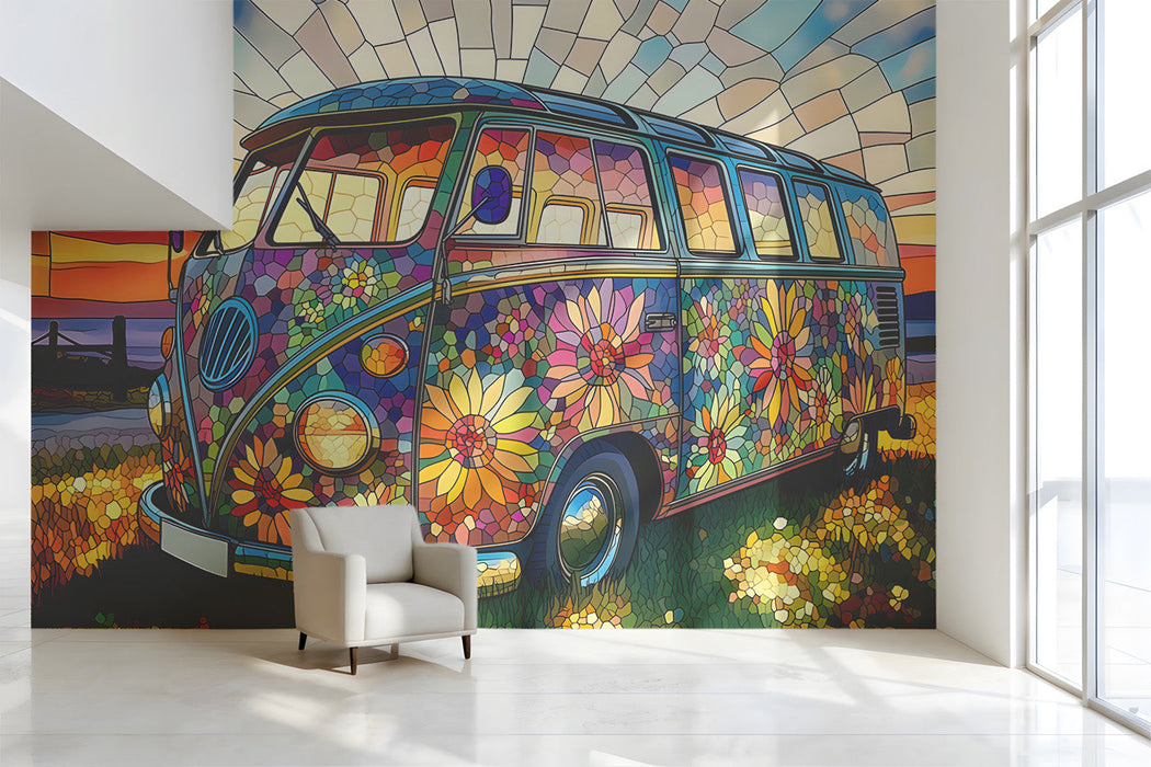 Colorful floral van wallpaper feature wall in a creative cafe space