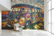 Colorful floral van wallpaper feature wall in a creative cafe space
