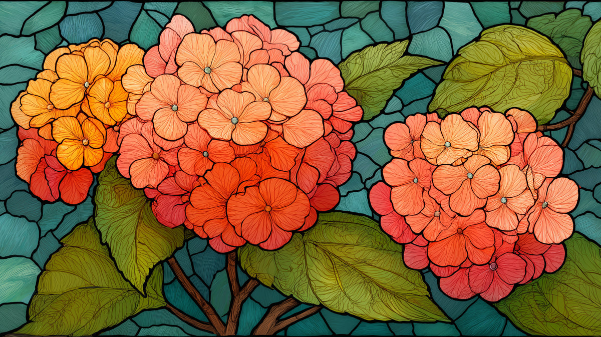 Vibrant hydrangea flowers in coral and amber set against a teal stained glass mosaic pattern