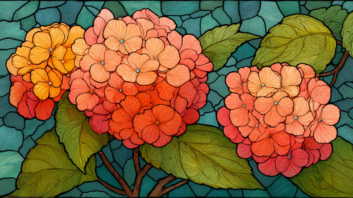 Vibrant hydrangea flowers in coral and amber set against a teal stained glass mosaic pattern