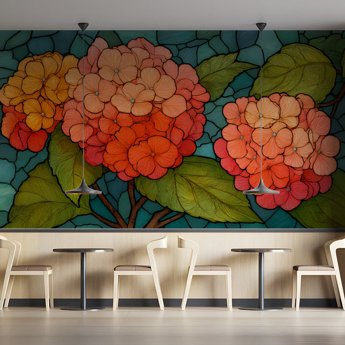 Colorful artistic hydrangea pattern wallpaper displayed in a modern cafe