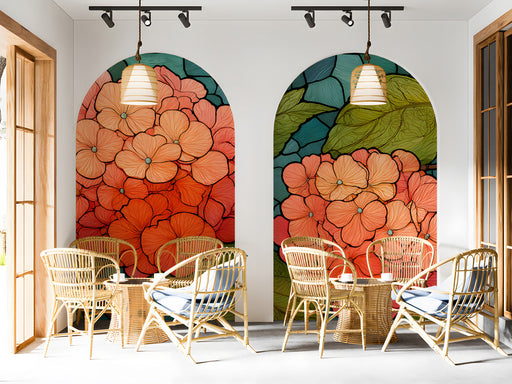 Stained glass hydrangea mural installed on a bar feature wall with warm lighting