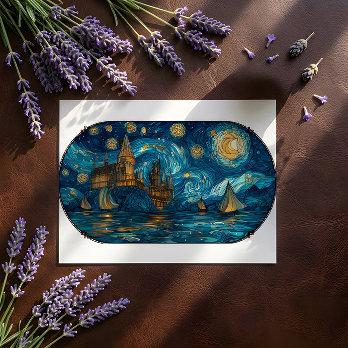 Dramatic night sky mural in a home theater room behind a velvet sofa