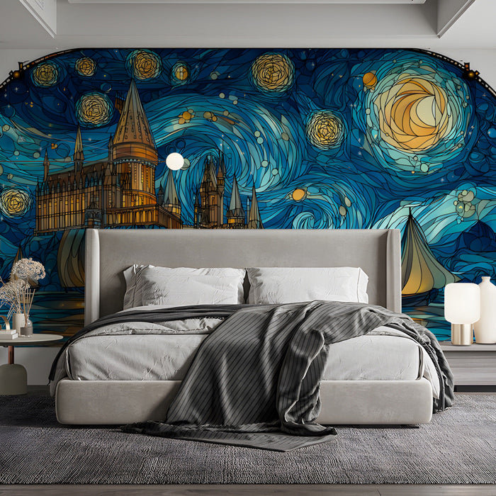 Artistic castle wall mural in a creative bedroom with dark wood furniture