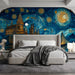 Artistic castle wall mural in a creative bedroom with dark wood furniture