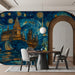 Stained glass castle mural installed in a cozy dining room with dim lighting
