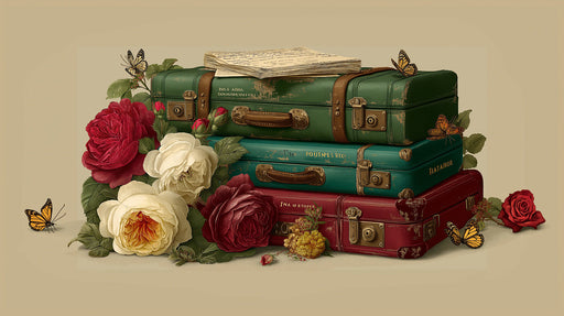 Vintage suitcases in green and red with roses and butterflies on parchment background
