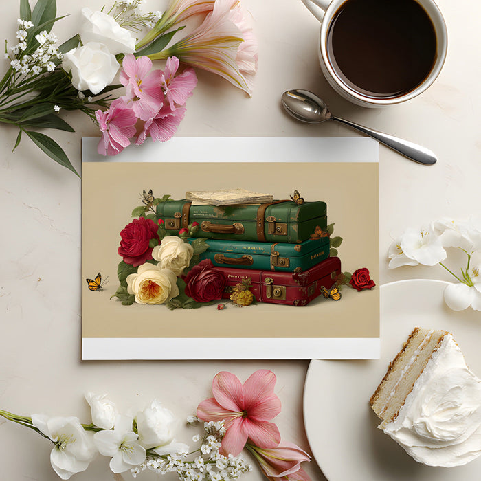 Floral and suitcase wall mural featured in a romantic master bedroom