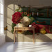 Travel themed mural in a cozy entryway with leather furniture