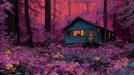 A surreal forest wallpaper pattern featuring a blue cabin surrounded by vivid violet trees and ochre wildflowers