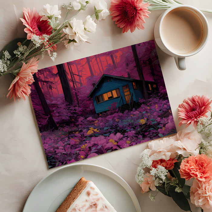 Surreal forest wall mural applied in a cozy home office with warm desk lighting