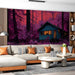 Whimsical violet nature scene wallpaper featured on a commercial space wall with a velvet chair
