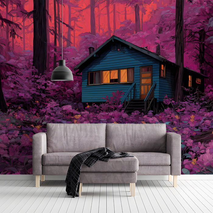 Cabin in the woods wall mural installed behind a modern living room