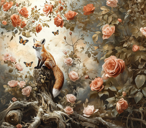 A painterly mural featuring an orange fox sitting on a stump among blooming roses and butterflies in warm earth tones.