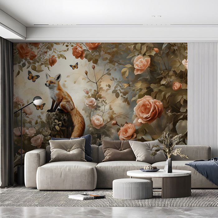 A charming reading nook featuring the fox and rose garden wallpaper pattern with a velvet armchair.