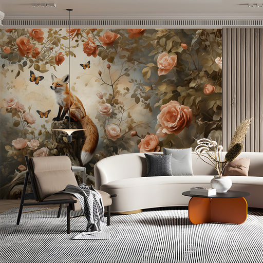 A cozy living room featuring the fox and rose garden mural on a feature wall with soft wooden furniture.