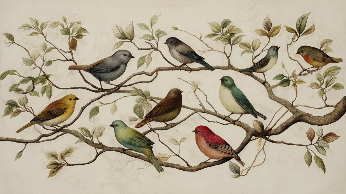 Botanical mural wallpaper featuring colorful songbirds perched on sketched branches against a cream background.