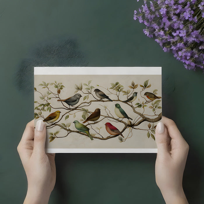 A sunlit dining room decorated with the avian garden mural, paired with light wood furniture.
