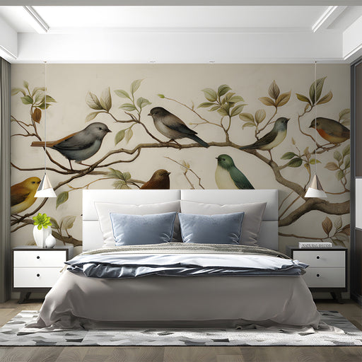 A bright bedroom featuring the avian mural on the main wall behind a wooden headboard.