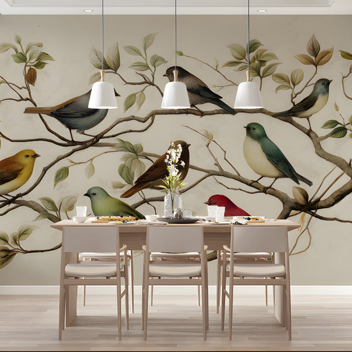 A cozy dining room space with the bird and branch wallpaper creating a calm, natural environment.