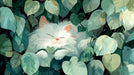 Artistic mural wallpaper featuring a white fluffy cat sleeping in a dense nest of sage, mint, and forest green leaves.