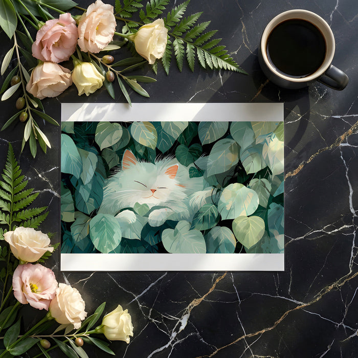 A bright, plant-filled home office wall featuring a whimsical cat resting among garden leaves.