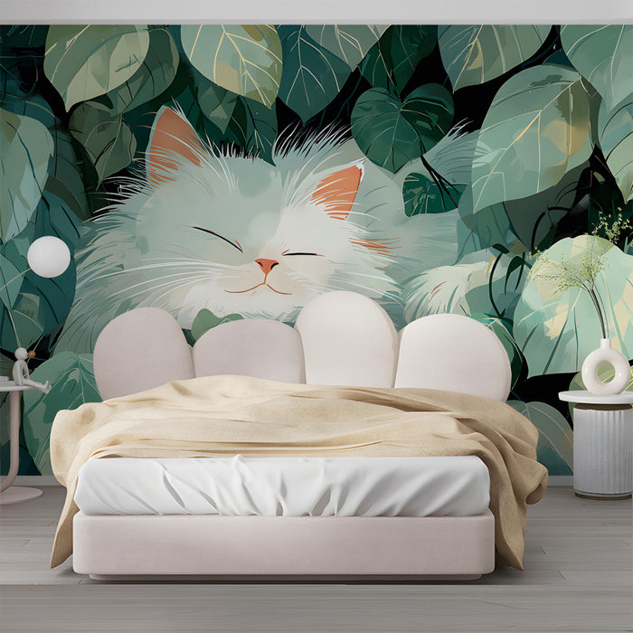 A quiet girl's bedroom featuring a nature-inspired cat mural for a gentle, calming environment.
