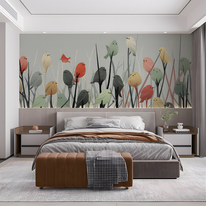 A cozy bedroom corner showing the bird flock pattern creating a soft and playful feature wall.