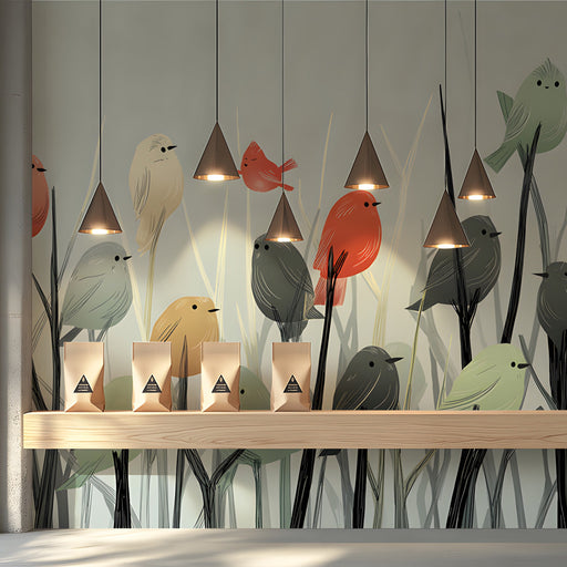 The bird mural installed in a shop with a white wooden crib and neutral soft textiles.