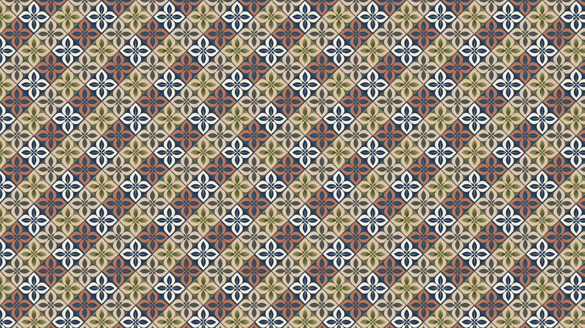 A geometric wallpaper pattern with a quatrefoil floral motif in navy, terracotta, and olive green on a light background.