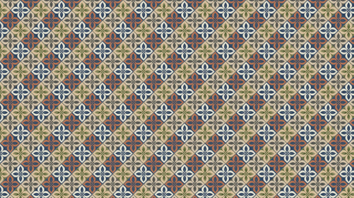 A geometric wallpaper pattern with a quatrefoil floral motif in navy, terracotta, and olive green on a light background.