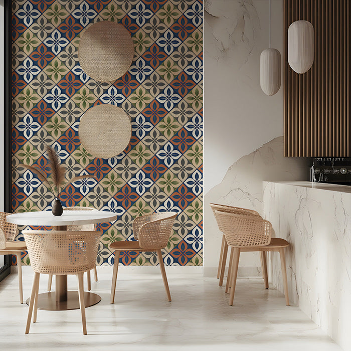 Classic floral geometric wallpaper featuring in a cozy home study room with a library desk.