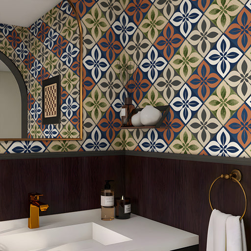 Geometric quatrefoil wallpaper installed on an accent wall in a bright, modern washroom.