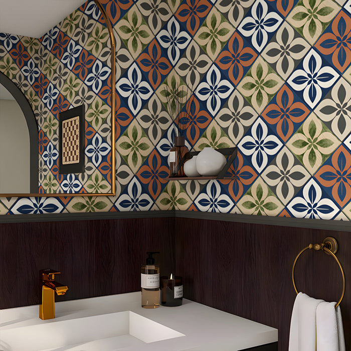 Geometric quatrefoil wallpaper installed on an accent wall in a bright, modern washroom.