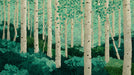 Engraved style aspen forest mural with pale cream trunks and swirling emerald green foliage.