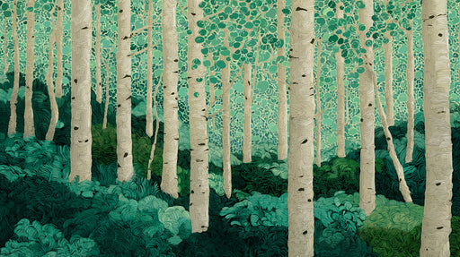 Engraved style aspen forest mural with pale cream trunks and swirling emerald green foliage.